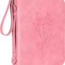Large Bible Cover Case for Women, Leather Bible Case for Girl, Bible Bag with Handle, Detachable Wristlet Strap, Pink Bible Book Cover, Minimalist and Floral Design, 10.5 x 7.8 x 2.1 inch