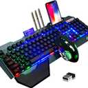 Wireless Gaming Keyboard and Mouse,Rainbow Backlit Rechargeable Keyboard Mouse with 3800mAh Battery Metal Panel,Removable Hand Rest Mechanical Feel Keyboard and 7 Color Gaming Mute Mice for PC Gamers
