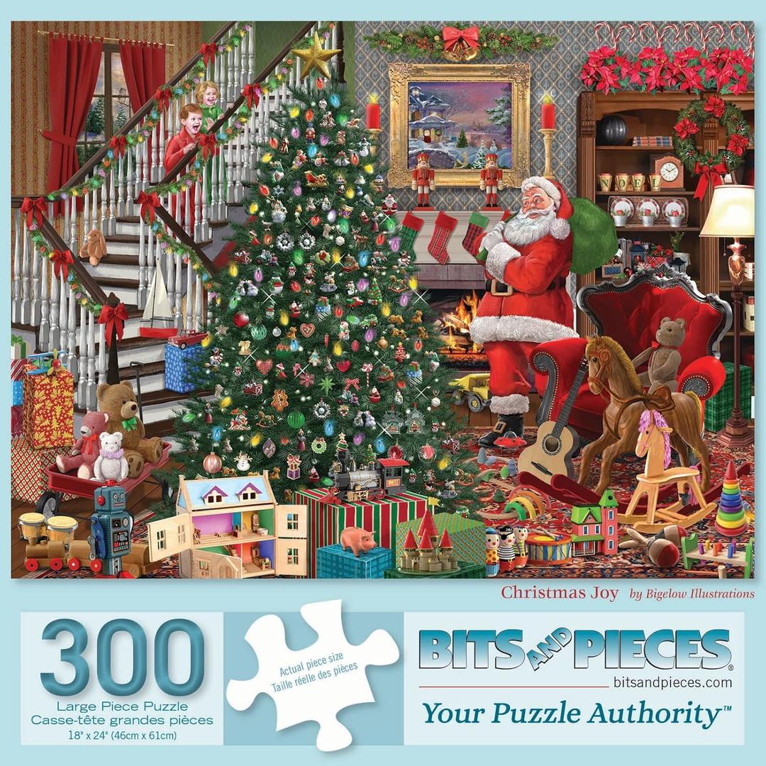 Bits and Pieces  300 Piece Jigsaw Puzzle for Adults  Christmas Joy - Santa Visiting Presents Tree Jigsaw Puzzle by Artist Bigelow Illustrations, Completed Puzzle Size: 18" x 24"