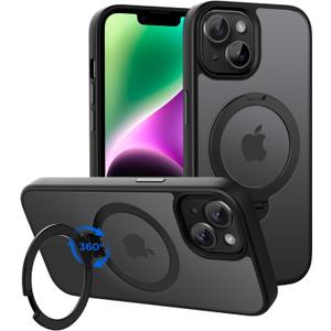 CACOE Magnetic Case for iPhone 13/14 6.1 inch with 360 Rotatable Ring Stand, Compatible with MagSafe Car Phone Mount, Cases Cover Phone Holder for Desk Meeting/Videos Matte Black