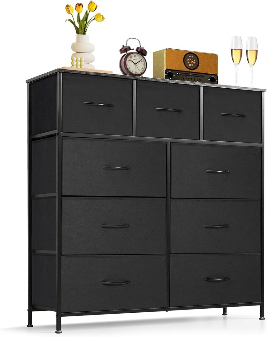 9-Drawer Dresser for Bedroom, Anti-Tip Tall Storage Organizer Chest of Drawers with Wooden Top and Metal Frame Fabric Bins for Closet, Living Room, Hallway, Entryway, Black