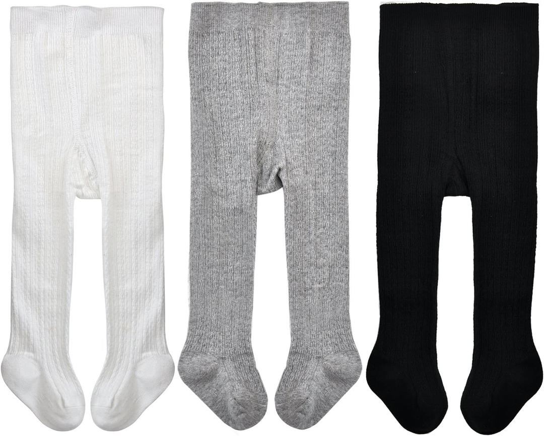 EPEIUS Baby Girls Tights Cable Knit Leggings Stockings Cotton Pantyhose for Newborn Infants Toddlers 3/6 Pack (6-12 Months, Black/White/Grey,3 Pack)