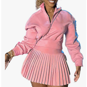 Women's Fall 2 Piece Outfits Casual Half Zip Long Sleeve Sweatshirt and Mini Pleated Skirt Set Workout Sweatsuit Medium Pink