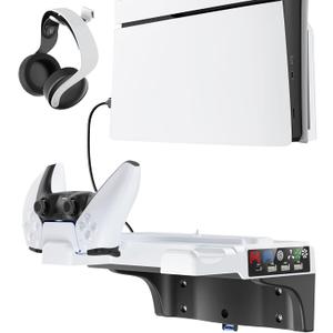 PS5/Slim/Pro Wall Mount Kit with Cooling Fan & Charging Station, PS5 Shelf Floating Mount for All PlayStation 5/Slim/Pro Disc & Digital Console, PS 5 Wall Bracket Behind TV, PS Five Pro Accessories