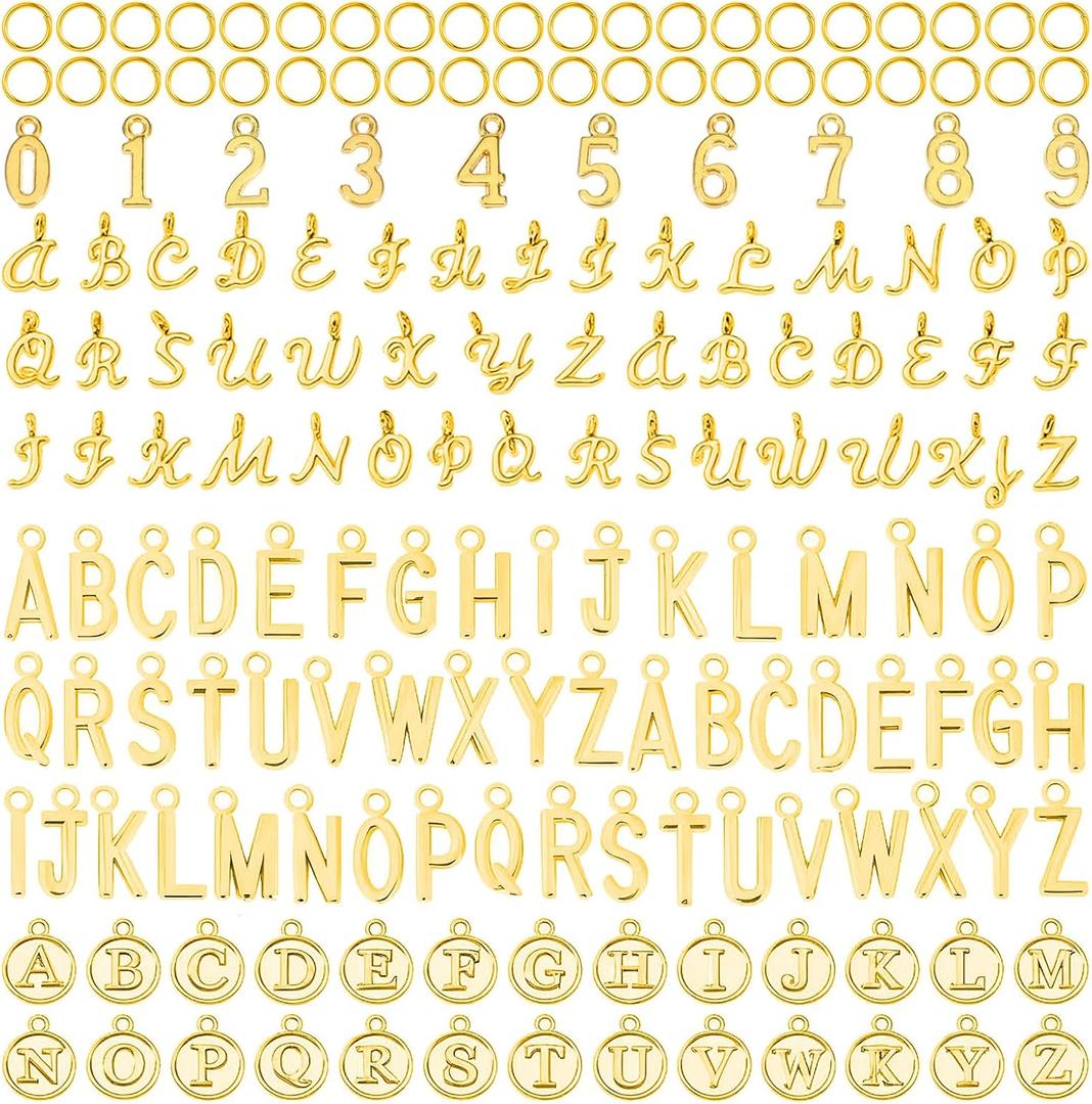 Ouligay 376PCS Gold Letter Charms for Jewelry Making 3 Styles Alphabet Abc Initial Charms Letters for Bracelet Making Necklace Bracelet and Crafts with 200PCS Open Jump Rings