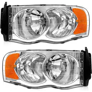 Headlight Assembly for 2002 2003 2004 2005 Dodge Ram 1500/2003-2005 Ram 2500 3500 Chrome Housing Clear Reflector Replacemen Left & Right