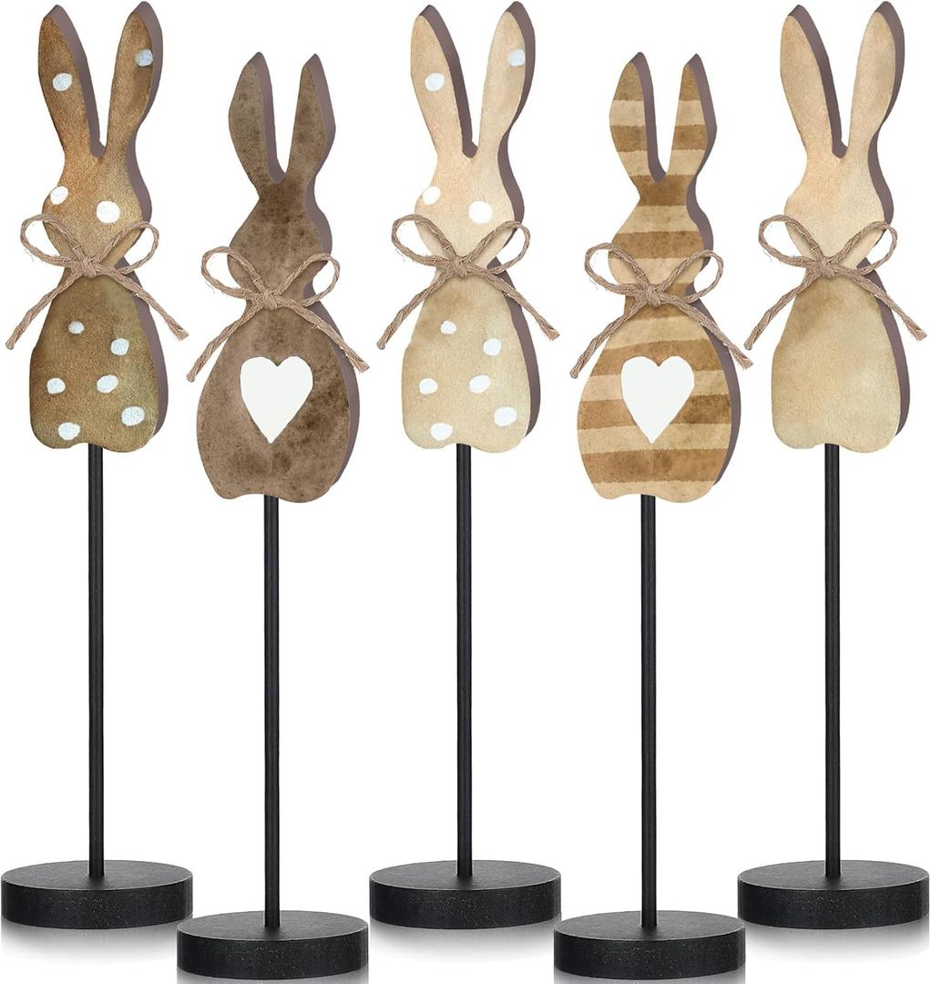 5 Pieces Easter Table Decorations Wooden Bunny Table Sign Vintage Rabbit Tall Standing Tabletop Decor Rustic Easter Block Centerpiece for Spring Party Farmhouse Freestanding Home Office