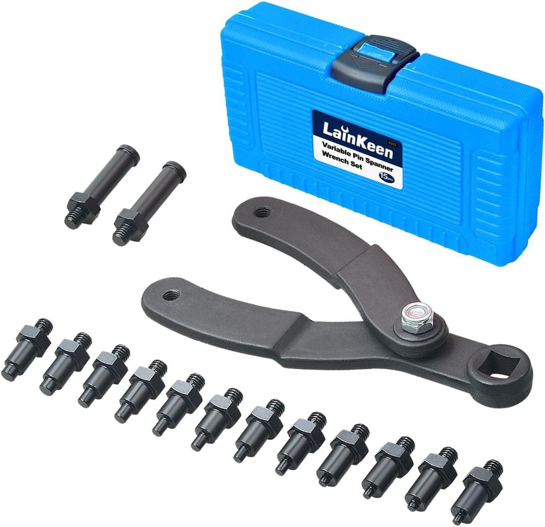 LainKeen 15Pc Universal Camshaft Pulley Holder Tools Kit,Variable Pin Spanner Wrench Kit Adjustable Fan Clutch Pully Holder Wrench with Pins