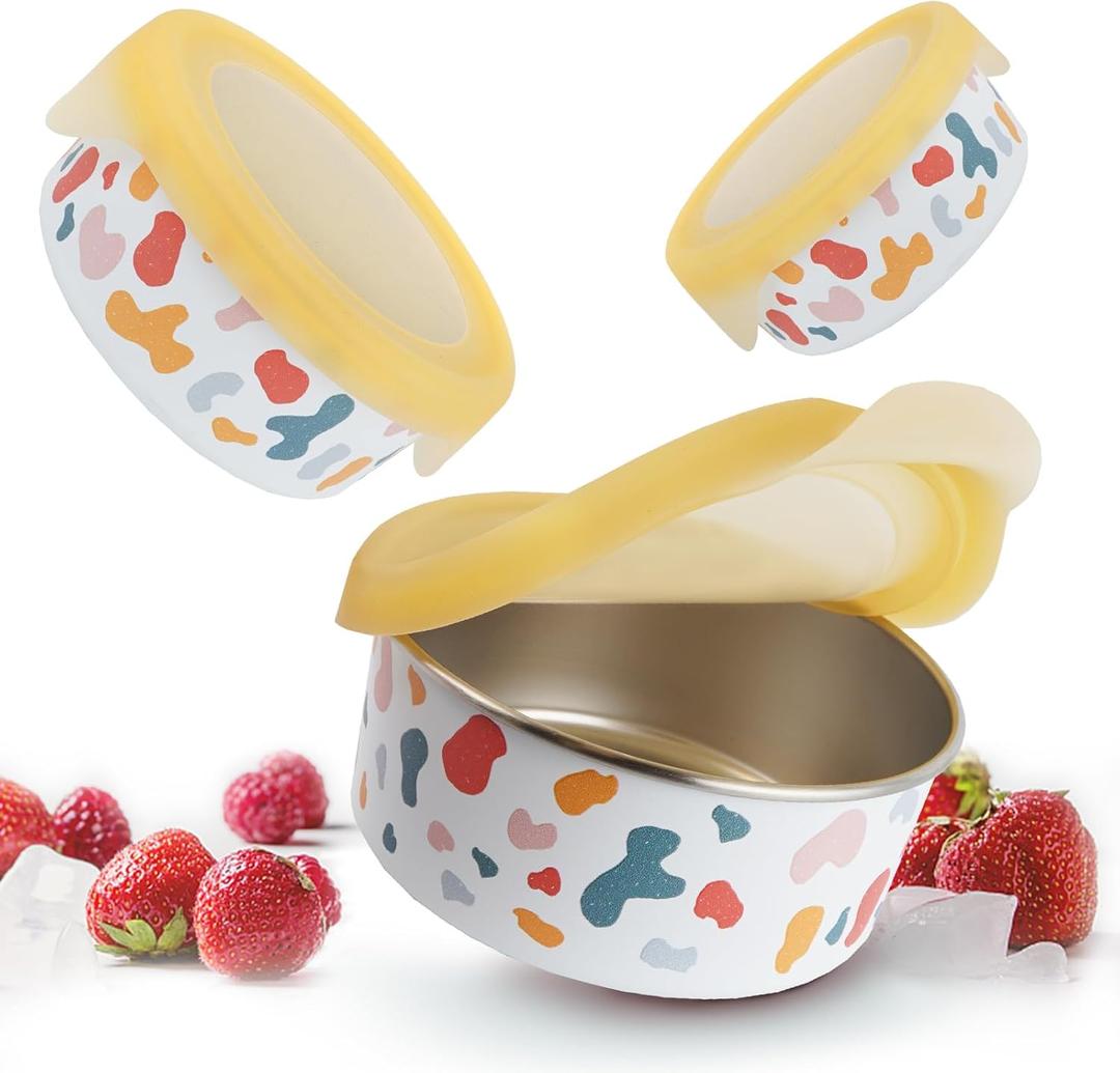 Stainless Steel Snack Containers with Silicone Lids, Stackable Easy Open Leak Proof Snack Food Containers Metal Lunch Boxes for Office, Home, School and Travel (18oz/10oz/5.5oz)