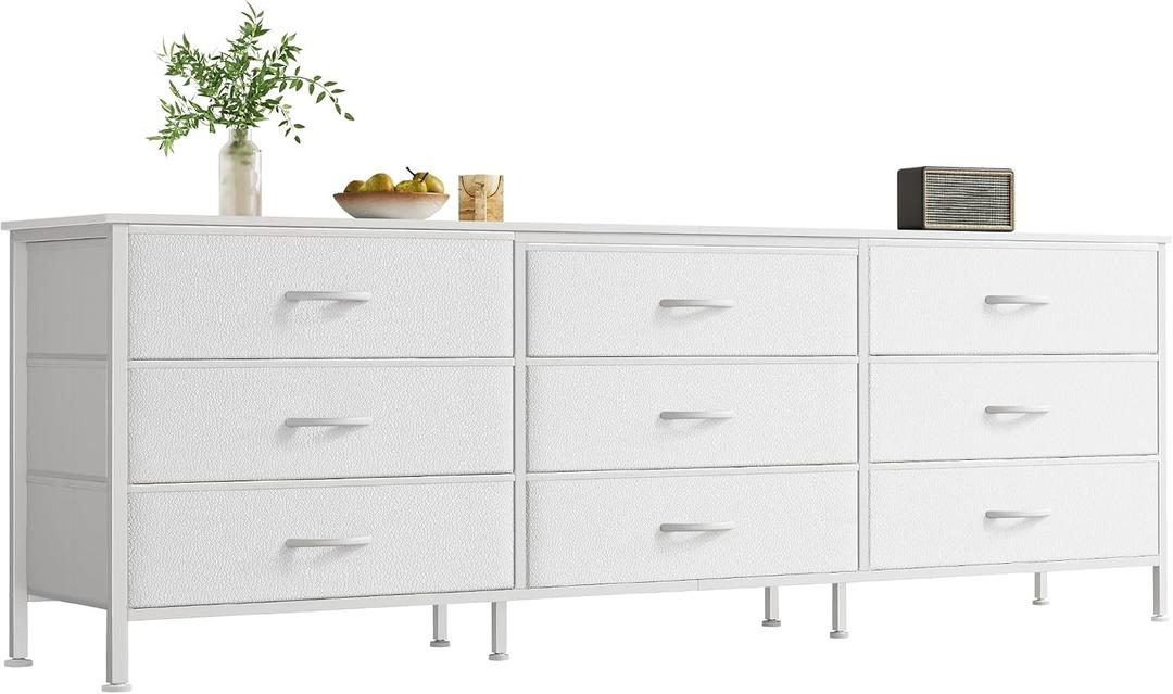 Huuger 63 Inch Dresser for Bedroom, Dresser for Closet with 9 Fabric Drawers, Large TV Stand for 55, 65, 70 Inch TV, Entertainment Center with Storage, Wide Long Chest of Drawers, White, 13.8"D x 63"W x 26.8"H