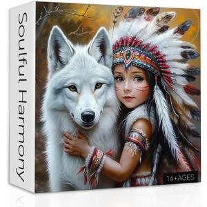 White Wolf Puzzles for Adults 1000 Pieces, Native American Woman Jigsaw Puzzles, Vintage Forest Wildlife Animal Puzzle as Home Decor
