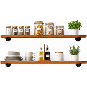 HDDFER 36 inch Industrial Pipe Floating Shelves,Rustic Wood Wall Shelf, 36in 2tier