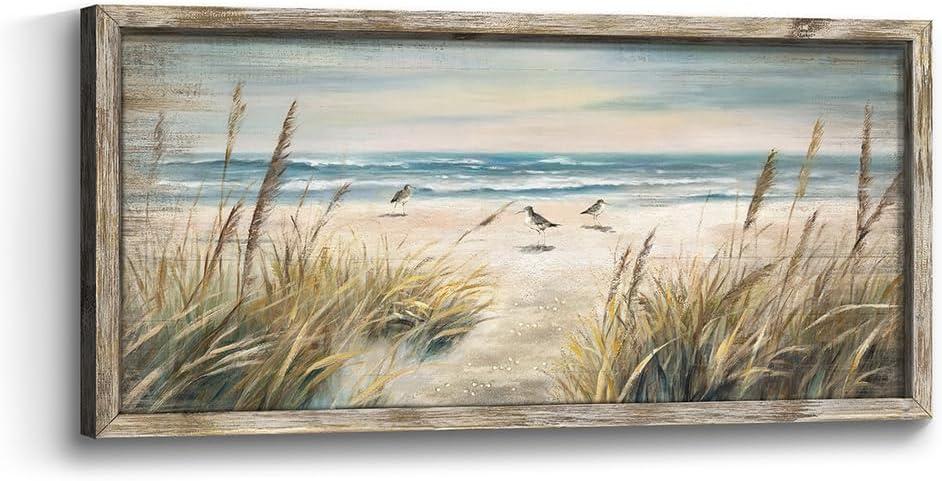 Beach Ocean Painting Wall Art: Framed Coastal Picture Wooden Sea Bird Print Seaside Sand Seascape Artwork Decor for Living Room Bedroom Bathroom 24x12 inch (24L" x 12W")