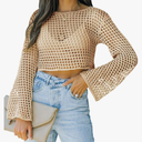Womens Fishnet Crochet Crop Top Sexy Long Sleeve See Through Hollow Out Mesh Bikini Cover Ups ,M