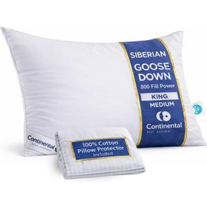 Continental Bedding Siberian Goose Down Pillow 800 Fill Power White Goose Down 400 Thread Count 100% Cotton Shell Soft Medium Firm Loft Options Handcrafted in USA, King with Protector