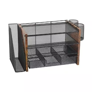 4-Tier Browns Wood Office Desk Storage with Drawer and 2 Pen Holders