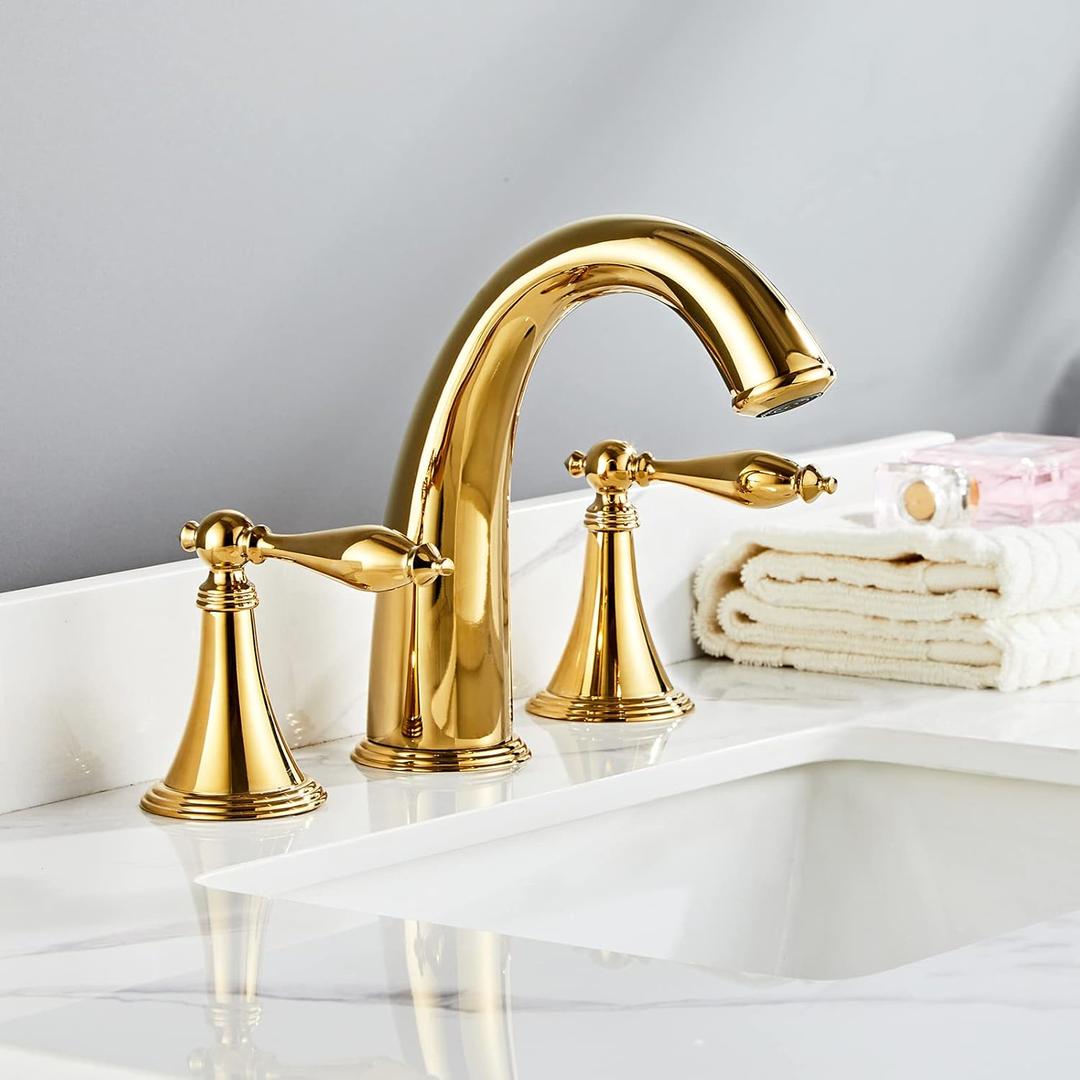 SaniteModar Polished Gold Bathroom Sink Faucet,Brass Bathroom Faucet 3 Hole,Widespread Bathroom Faucet for Sink 3 Hole,2 Handles Design with Water Supply Lines