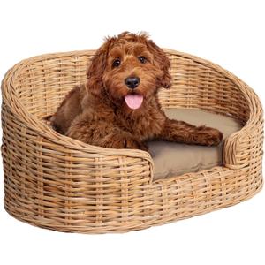 DBD1000B Curvy 28.5" x 17.25" Classic Handwoven Rattan Pet Bed with Machine-Washable Cushion, Light Brown