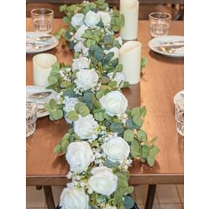 6FT Artificial Eucalyptus Garland with Flowers, 10 White Roses Baby Breath Garland Floral Greenery for Wedding Party Centerpiece Table Runner Backdrop Wall Decor Decoration