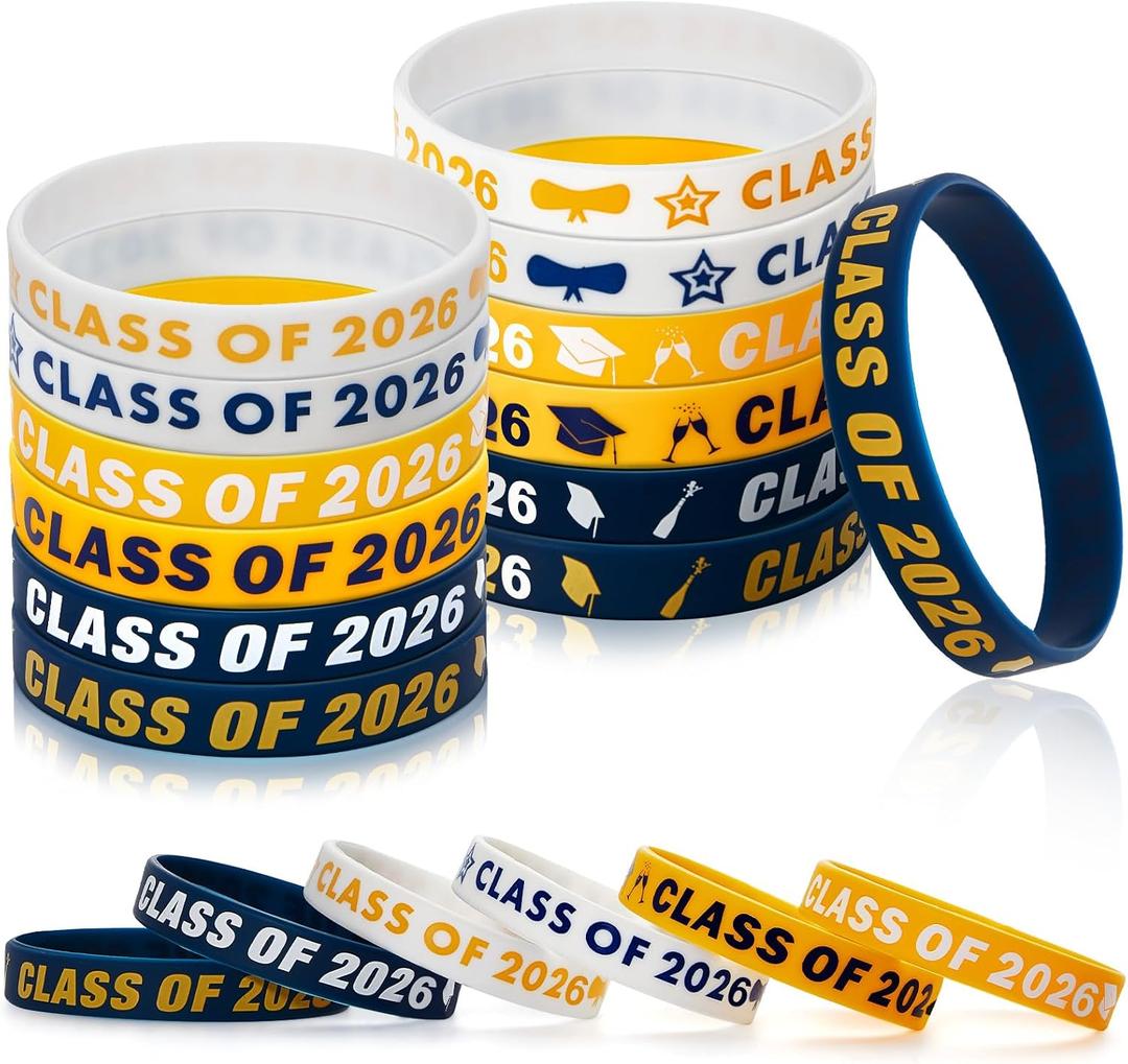 Skylety 72 Pieces Class of 2026 Wristbands Colorful Rubber Bracelets for Graduation Silicone Wristbands Present for Students Teachers 2026 Graduation Party Supplies, 3 Styles(Blue, Gold, White)