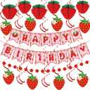Strawberry Birthday Party Decorations Strawberries Happy Birthday Banner Honeycomb Balls and Hanging Swirls Strawberries Paper Banner Set for Strawberry Theme Birthdays Party Supplies