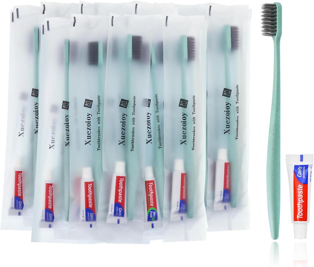Disposable Toothbrushes with Toothpaste,30 Pack Green Individually Wrapped Disposable Travel Toothbrushes Kit in Bulk for Homeless,Nursing Home,Hotel,Charity