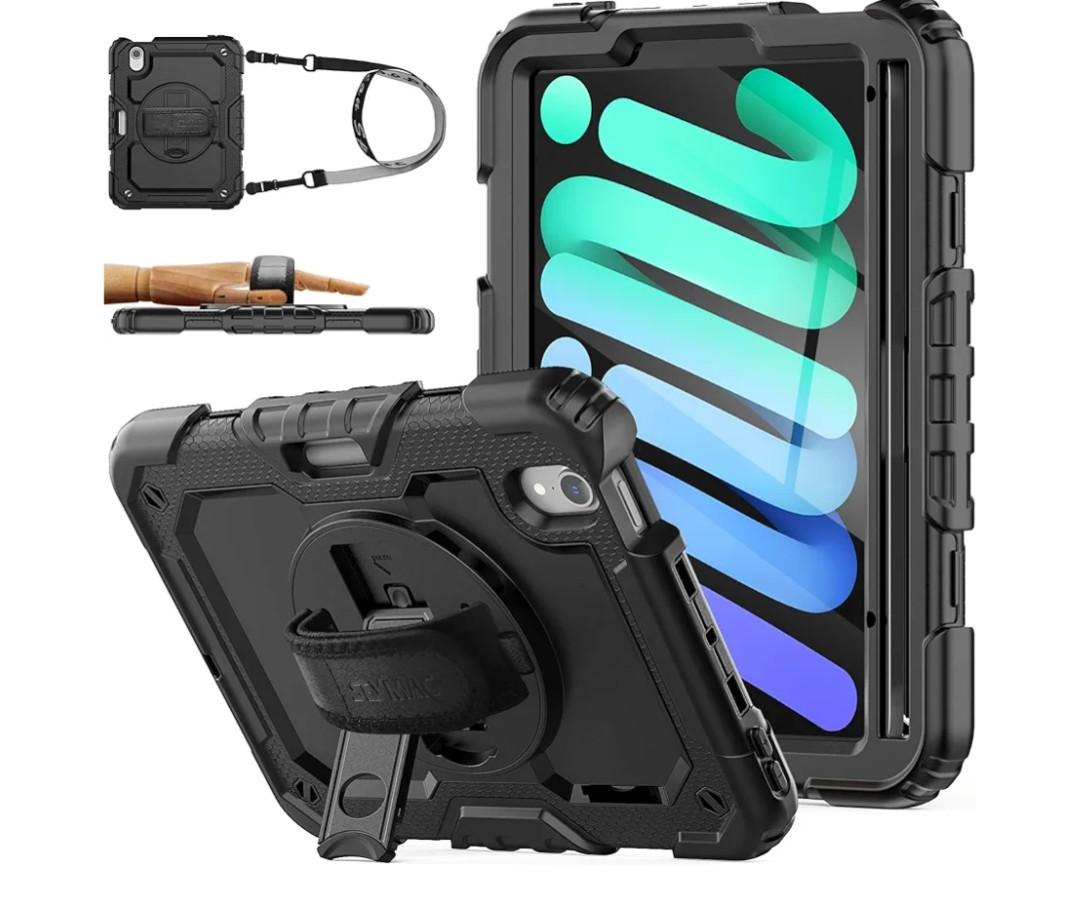 SEYMAC stock Case for iPad mini 7 (A17 Pro) 2024/ Mini 6 8.3'' with Screen Protector Pencil Holder [360 Rotating Hand Strap] &Stand, Drop-Proof Case for iPad mini 7th/6th Generation 8.3", Black