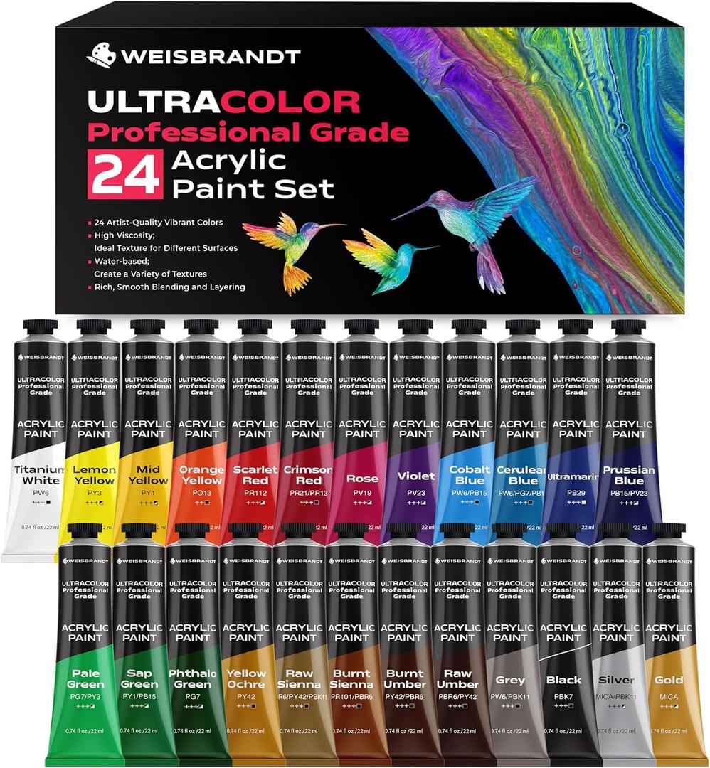 WEISBRANDT UltraColor Artist Quality Acrylic Paint Set, 24 Vibrant Colors, 0.74 oz/22ml Tubes, for Canvas, Wood, Ceramic, Fabric, Non Toxic-Fading