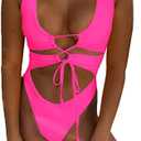 CHYRII Women's Sexy Cutout Lace Up Backless High Cut One Piece Swimsuit Monokini, Medium, Pink 
