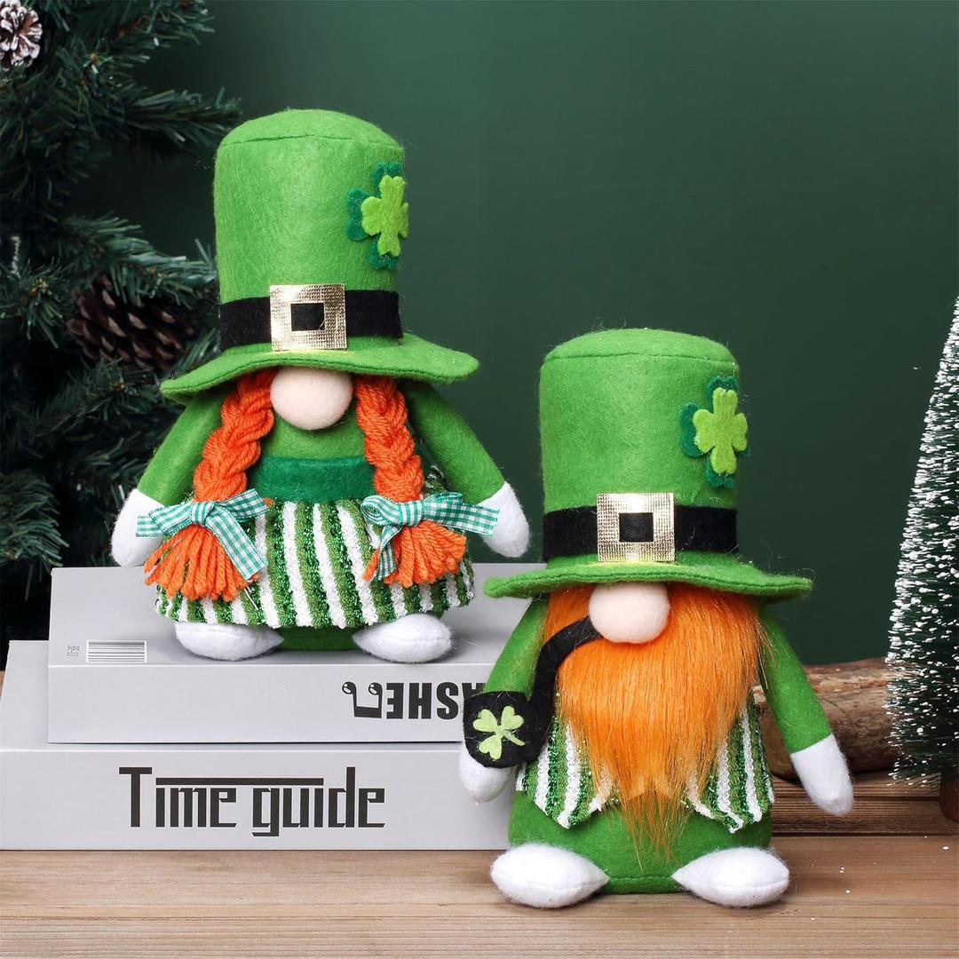 St Pactrick's Day Leprechaun Gnomes Set of 2, Lucky Green Shamrock Elf Figurines Tomte Dolls for Tiered Tray Shelf Decor