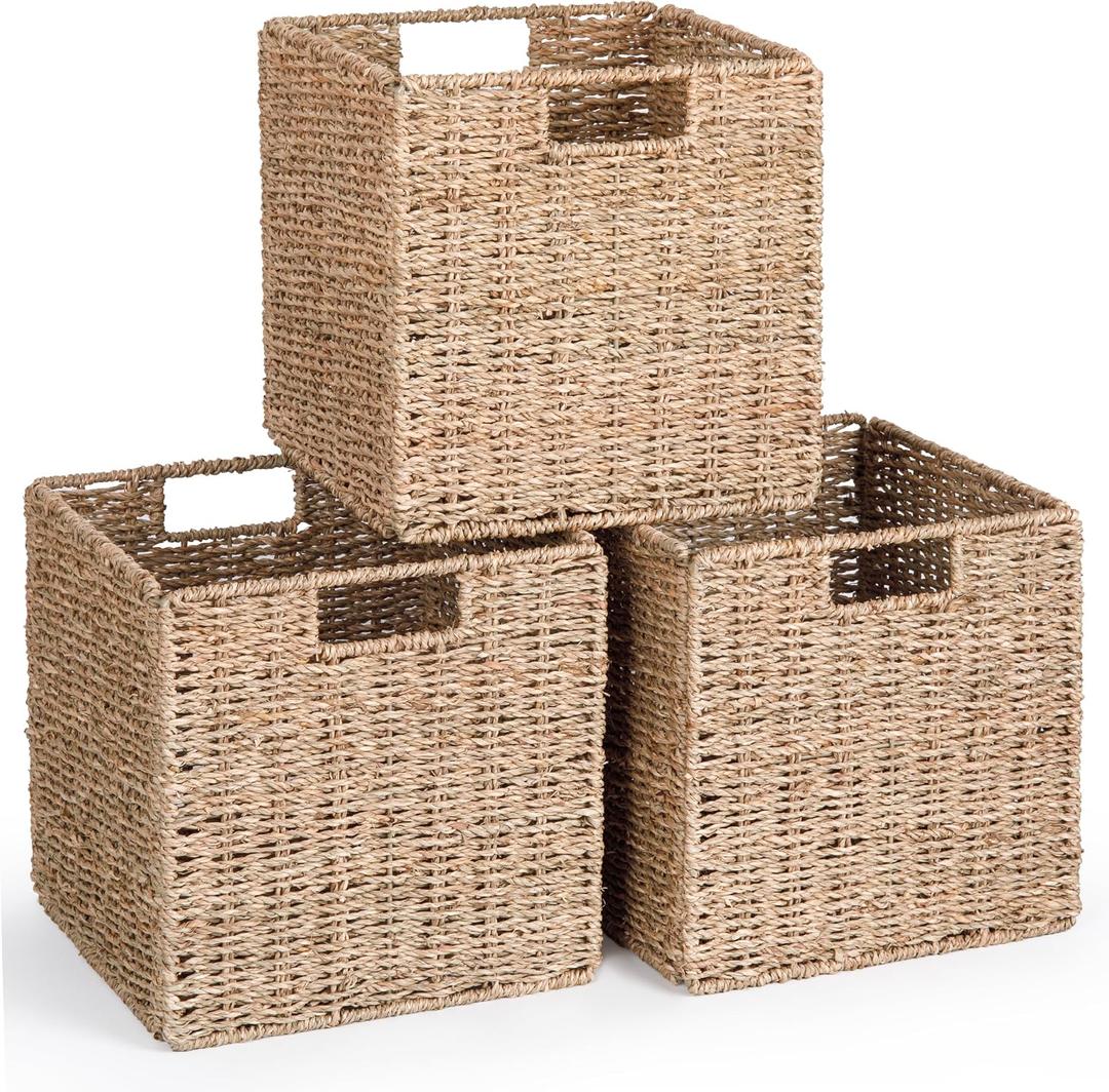 10.5 x 10.5in Cube Seagrass Storage Baskets, Foldable Square Wicker Storage Baskets for Shelves Set of 3, Large Cubby Rattan Basket, Collapsible Cube Storage Bins