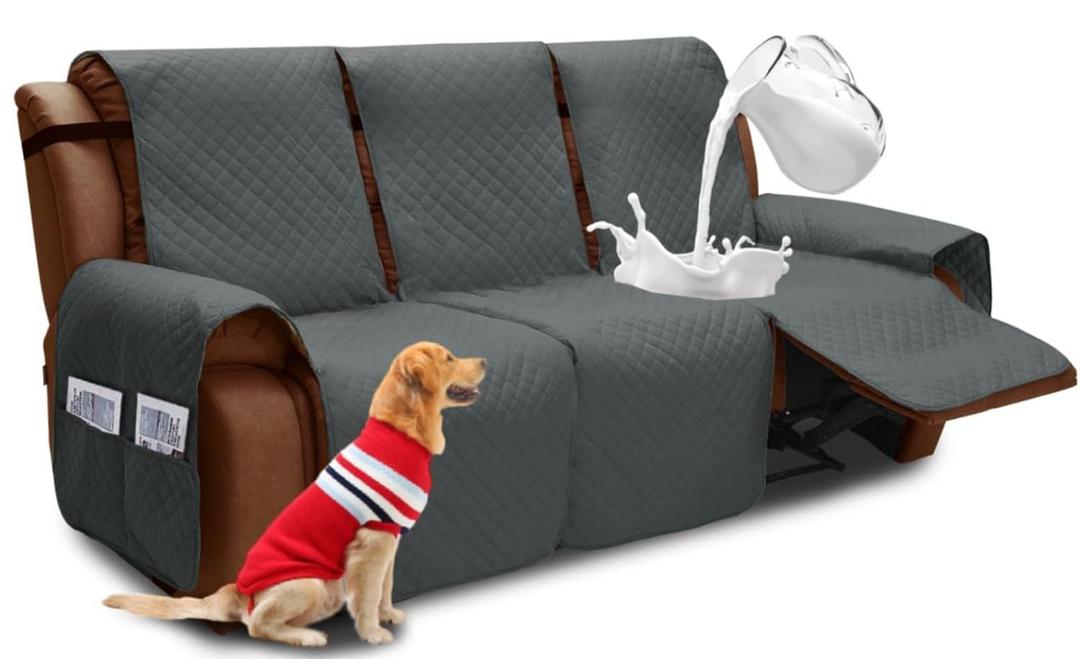 XINEAGE Water Resistant Recliner Cover, 3 seat Recliner Sofa Covers with Pockets, Quilted Thick Recliner Protector Cover for Dog Pets with Non Slip Backing and Strap (Recliner Sofa, Dark Gray)