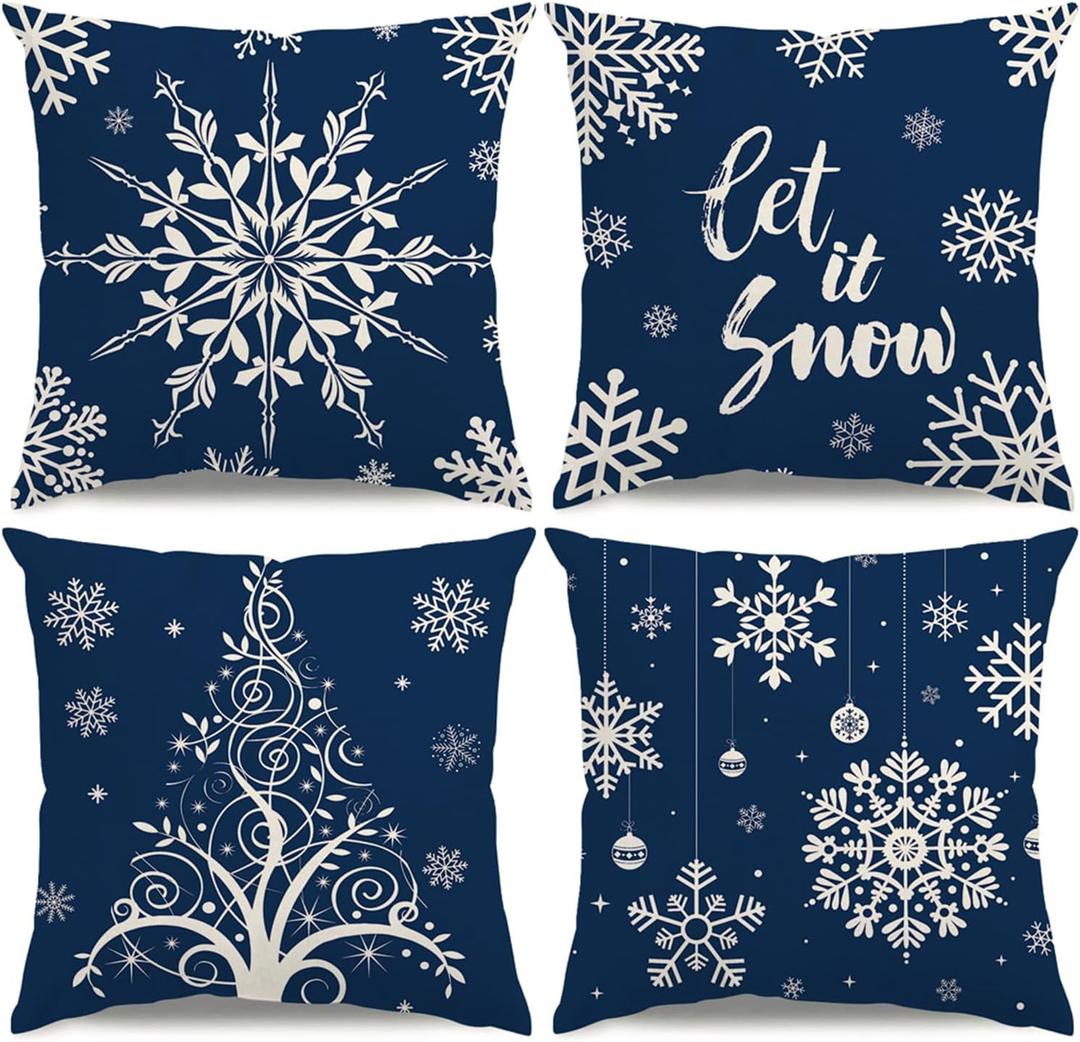 Christmas Pillow Covers 16x16 Blue Christmas Decorations Snowflake Throw Pillow Covers Xmas Trees Ornaments Winter Holiday Decor Cushion Case for Sofa Couch Set of 4