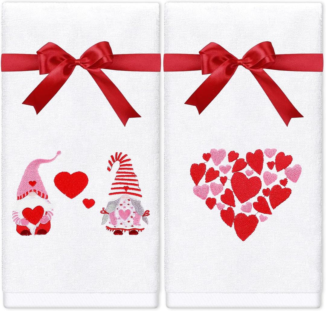 Whaline 2Pcs Valentine Hand Towels Cotton Embroidered Gnome Heart Bathroom Towel with Ribbon Decorative Kitchen Dish Towels for Drying Cleaning Cooking, 29.5 x 13.7 Inch