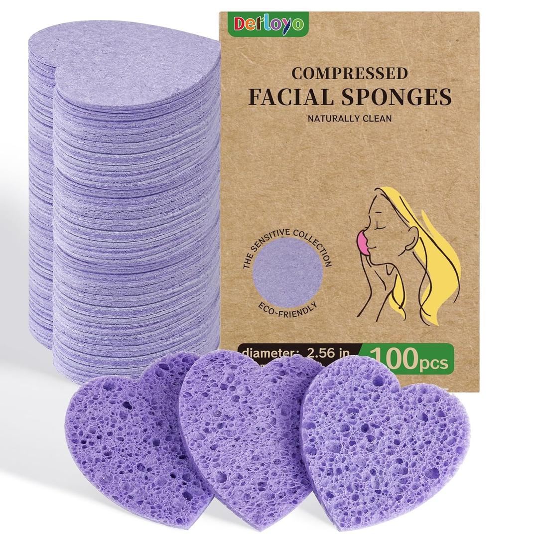 100Count Compressed Facial Sponges, Heart Shape Face Sponge for Cleansing, Natural Cosmetic Spa Sponges for Facial Cleansing, Exfoliating Mask (Purple Heart Sponges)