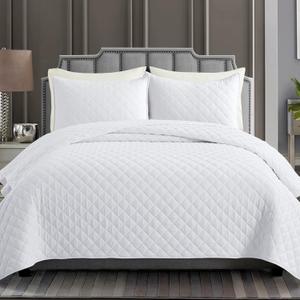 Safonory White Quilt Full/Queen Size - Summer Soft Lightweight Microfiber Diamond Stitched Quilted Bedspread - 3 Pieces Coverlet Bedding Set for Queen Bed(1 Quilt, 2 Shams)