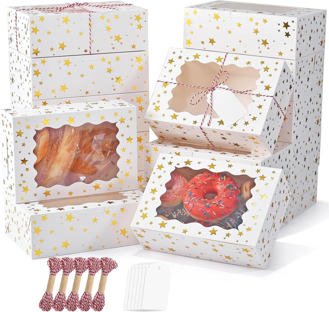 36pcs Christmas Cookie Boxes with Window 8x6x2.5 In Bakery Boxes for Cookies, Xmas Gold Foil Star Treat Boxes for Gift GivingCookie Tins Pastry Dessert Cupcakes Candy Donut Packaging