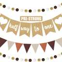 Half Way to One Banners, 4 Pcs 1/2 Birthday Decorations Burlap Pennant and Felt Brown Cream Beige Bunting with Pom Pom Ball Garland 6 Months Photoshoot Props for Neutral Baby Boy Girl Boho Party Favor