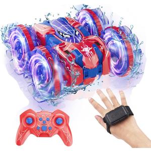 4WD Waterproof RC Car, 2.4 GHz Land & Water Remote Control Car Remote Control Boat for kids, 360Rotation RC Truck Stunt Cars with LED Lights, Boys Girls Gifts All Terrain Water Beach Pool Toy (Blue-dual Control)