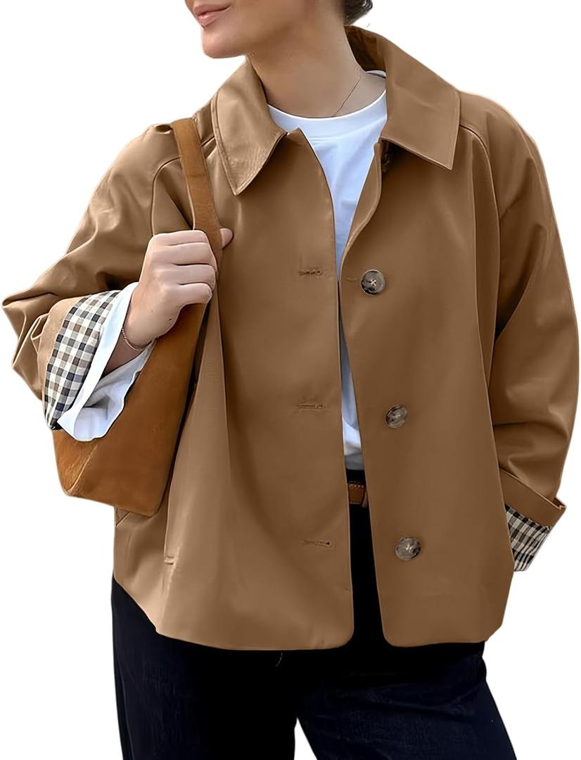 TITOMD Womens Cropped Trench Coat Spring Fashion 2026 Winter Jackets Lightweight Outfit Single Breasted Trendy Outwear (Dark Khaki, XL)