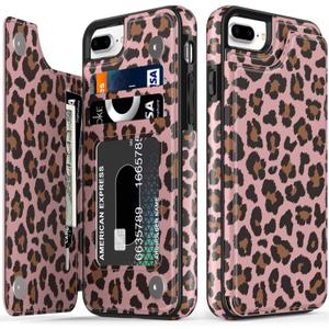 LETO for iPhone 8 Plus Case,iPhone 7 Plus Case,Flip Folio Leather Wallet Case Cover with Flower Designs for Girls Women,Card Slots,Protective Phone Shell Champagne Leopard