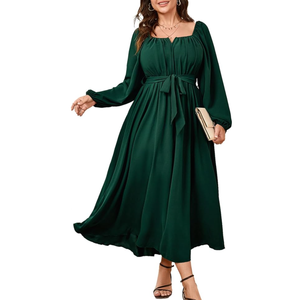 SCOMCHIC Women Plus Size Maxi Dress Long Sleeve Square Neck Wedding Guest Cocktail Belted Elegant Flowy A Line Long Dresses, Dark Green, XL