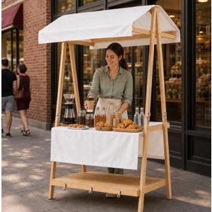 FEFZSFER Portable Farmers Market Stand, Collapsible Wooden Vendor Booth with Canopy, Outdoor Display Stand for Craft Shows, Flea Markets, Pop Up Events, Farm Stands (White, 54x23.6x74.8in)