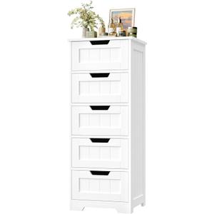 FOTOSOK Bathroom Cabinet, Bathroom Storage Cabinet with 5 Drawers, Wooden Storage Cabinets with Cut-Out Handles, 11.8 x 15.7 x 40.1 Bathrooms Floor Cabinets for Hallway/Living Room, White