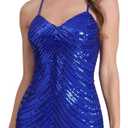 ODIZLI Women's Spaghetti Straps Sparkly Sequins Bodycon Mini Dress Party Nightclub Homecoming Dresses (Blue, XS)