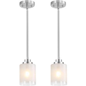 Cerdeco Modern Glass Pendant Light 2 Pack with Linen Frosted Glass Shade,Height Adjustable Hanging Pendant Lighting,Kitchen Island Lighting,Brushed Nickel Finish,UL Listed