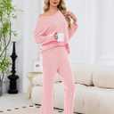Womens 2 Piece Lounge Sets Long Sleeve Ribbed Knit Casual Top Wide Leg Pants Matching Set Spring Fall Outfits (Pink, L)