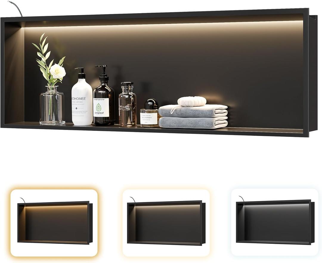 Matte Black LED Shower Niche, 36"X12" Recessed Bathroom Wall Niche Cabinet,3-Temperature LED Strip Light Waterproof No Tile Needed Stainless Steel Storage Organizer in wall, 36X12In