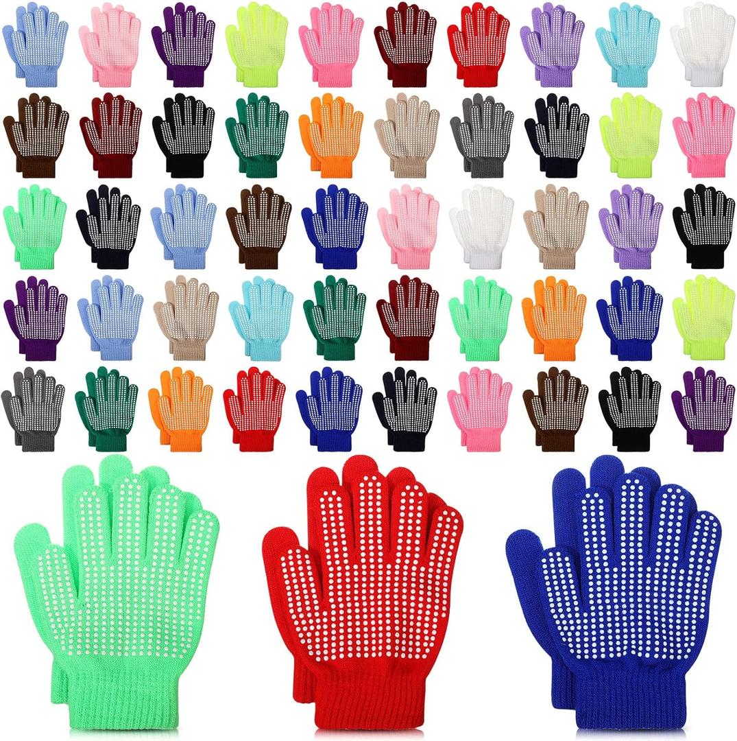 50 Pairs Kids Winter Gloves Kid Knit Magic Stretch Gloves with Grips Anti Skid Warm Glove Bulk for Kids Children Boys Girls, Assorted Colors, 6-12 Years