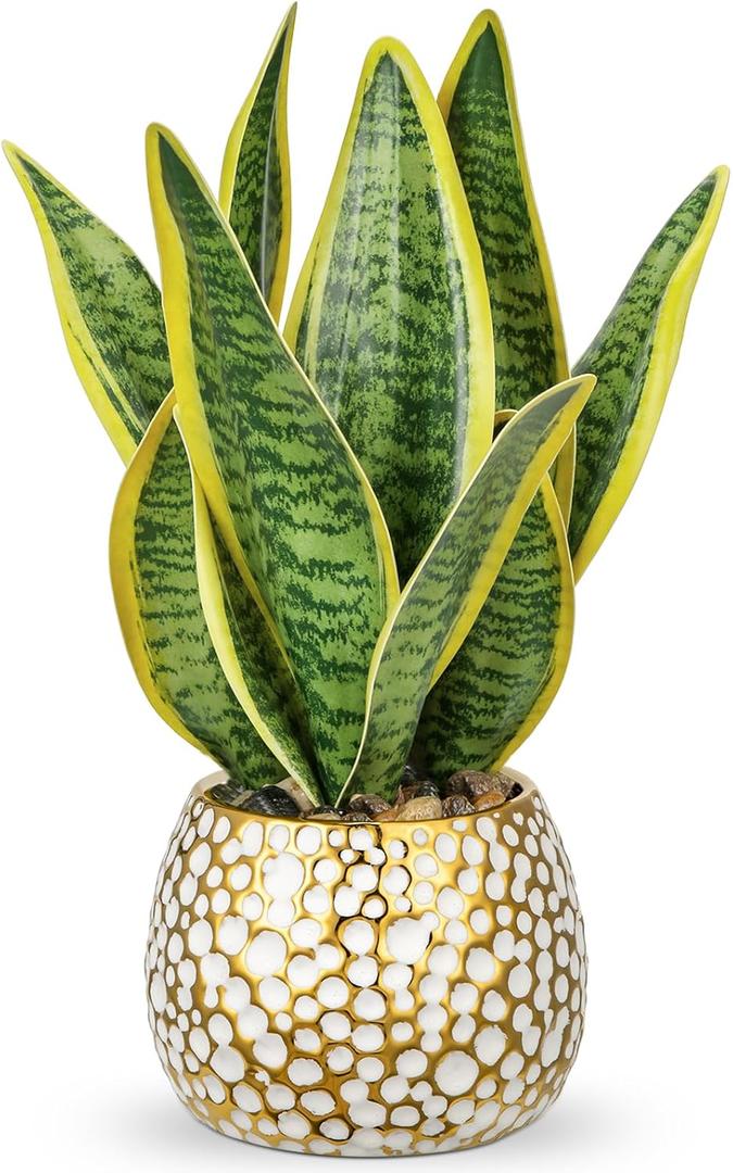 Hollyone Artificial Snake Plant Potted Faux Sansevieria Trifasciata Plants, 13" Tropical Fake Plants in Ceramic Pots for Home Office Room Indoor Decor Housewarming Gifts (Green-13" Style 2)